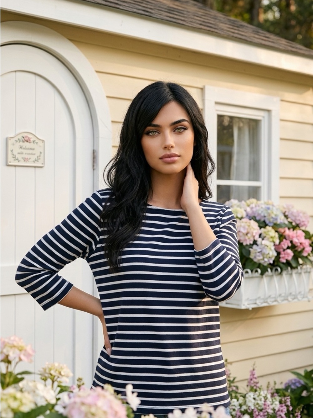 Navy & White Striped Boatneck Women’s Top